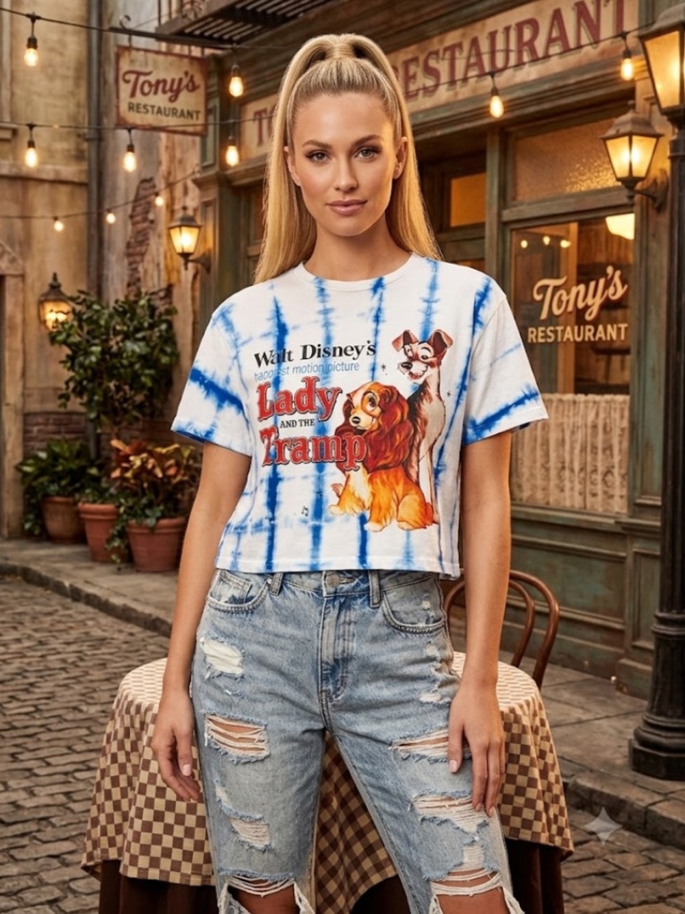 Disney Classic Lady and the Tramp"Movie Poster Blue Tie-Dye T-Shirt - Size Large